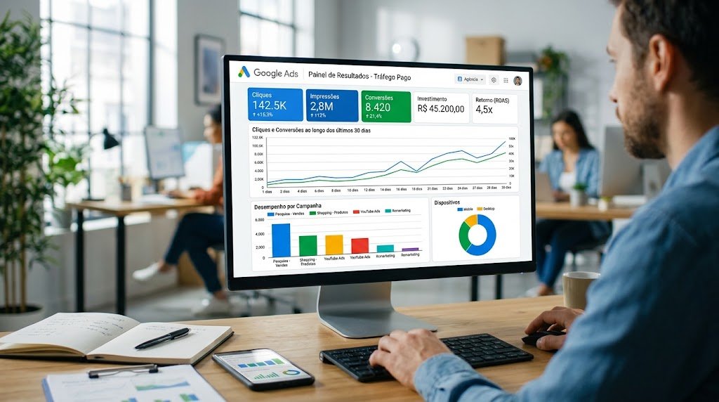 Gráficos e resultados de Tráfego Pago e Google Ads